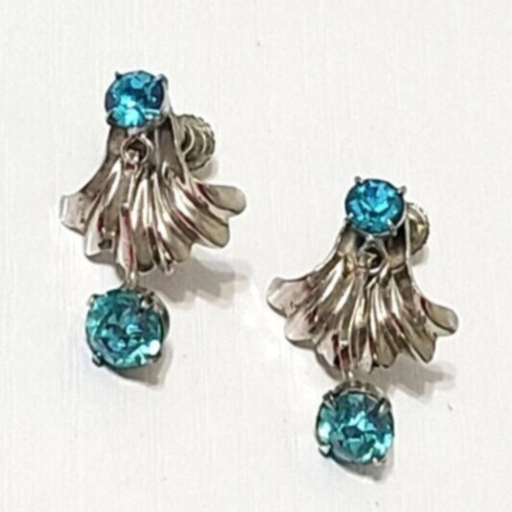 Vintage Boho Modern Sterling Silver Bond Boyd Blue Crystal Screw Back Earrings